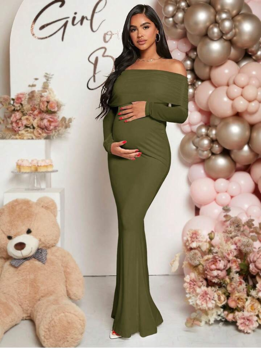 SHEIN Maternity Olive Off-Shoulder Maxi Dress